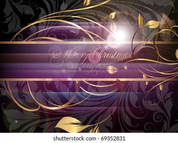 Vintage dark golden card with seamless ornament at background and sun shine. eps 10