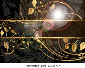 Vintage dark golden card with seamless ornament at background and sun shine. eps 10