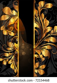 Vintage dark golden card with seamless ornament at background and sun shine. eps 10