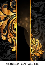 Vintage dark golden card with seamless ornament at background and sun shine. eps 10