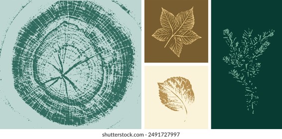 Vintage dark green gold and brown botanical leaf illustrations print. Decorative leaf prints or leaf art. 