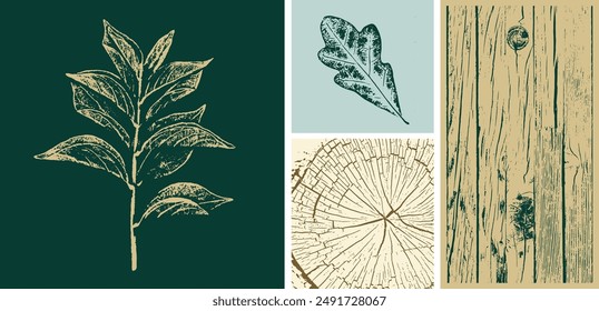 Vintage dark green gold and brown botanical leaf illustrations print. Decorative leaf prints or leaf art. 