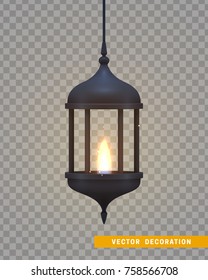 Vintage dark lantern with a burning realistic fire.