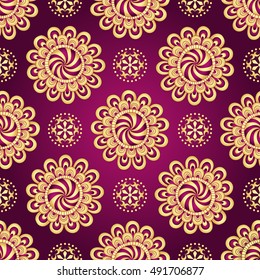 Vintage dark purple seamless pattern with gradient golden circles, vector