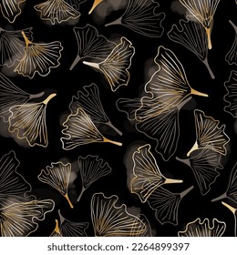 Vintage dark seamless pattern with luxury gold and transparent ginkgo biloba dried leaves. Hand drawn botany sketch organic background. Textile fabric template texture. Vector illustration.