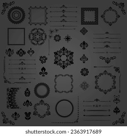 Vintage dark set of vector horizontal, square and round black elements. Elements for backgrounds and frames. Classic patterns. Set of vintage patterns