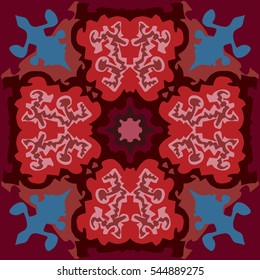 Vintage dark tile pattern on dark red base and touches of blue in the corners