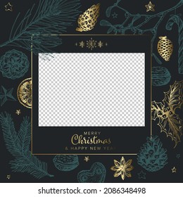 Vintage dark vector hand drawn Christmas card with family photo placeholder - customizable editable family christmas card layout template - dark version with blue and golden elements