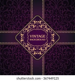 Vintage dark velvet purple background with seamless ornamental pattern, ribbons and orante calligraphical frame.