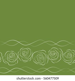 Vintage dashed floral vector wedding invitation with abstract horizontal English roses silhouette and copy space (place for your text), botanical natural white and green rose seamless pattern.
