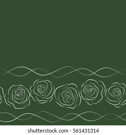 Vintage dashed floral vector wedding invitation with abstract horizontal English roses silhouette and copy space (place for your text), botanical natural white and green rose seamless pattern.