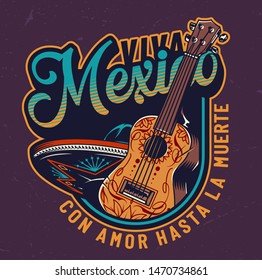 Vintage Day of Dead colorful print with acoustic guitar and sombrero hat isolated vector illustration