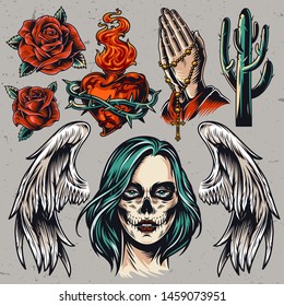 Vintage Day of Dead elements set with dead girl head angel wings cactus fiery heart in wire rose flowers praying hands with rosary isolated vector illustration