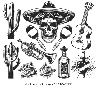 Vintage Day of Dead elements set with skull in sombrero guitar cactuses trumpet roses tequila bottle maracas heart pierced by dagger isolated vector illustration