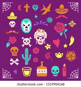 Vintage Day of the Dead graphics - Colorful illustrations for Dia de los Muertos. Hand drawn with vintage textures.