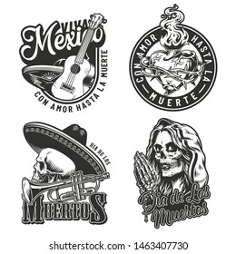 Vintage Day of Dead labels set with fiery heart in barbed wire, guitar trumpet skull in sombrero hat, dead woman head praying with skeleton hands with rosary isolated vector illustration