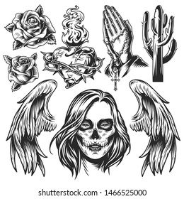 Vintage Day of Dead monochrome composition with roses heart shaped fiery bottle in barbed wire cactus angel wings praying hands with rosary dead woman head isolated vector illustration