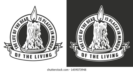 Vintage Day of Dead print with burning candle in monochrome style isolated vector illustration