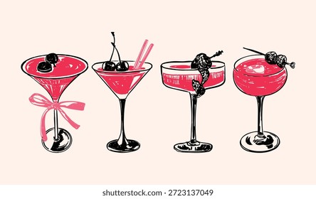 Bebida do Dia dos Namorados do Vintage com coquetéis românticos rosa e vermelho em óculos elegantes. Bebidas retrô perfeitas para celebrações de amor, noites de encontro, festas, menus de bar e visuais festivos.
