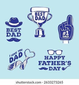 Vintage Father’s Day icon set with trophy, tie, mustache, and quotes. Perfect for cards, gifts, posters, t-shirts, and DIY crafts to celebrate dads and fatherhood.