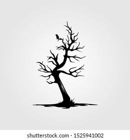 vintage dead tree with alone bird silhouette design illustration