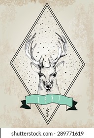Vintage Dear logo. Design for t-shirt apparel print fashion design, vector illustration of deer on surfboard. Hipster style