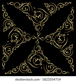 Vintage decor in cross shape. Medieval Gothic style. Golden silhouette on black background.