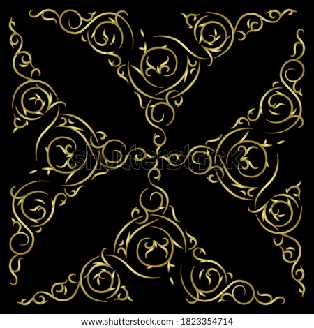Vintage decor in cross shape. Medieval Gothic style. Golden silhouette on black background.
