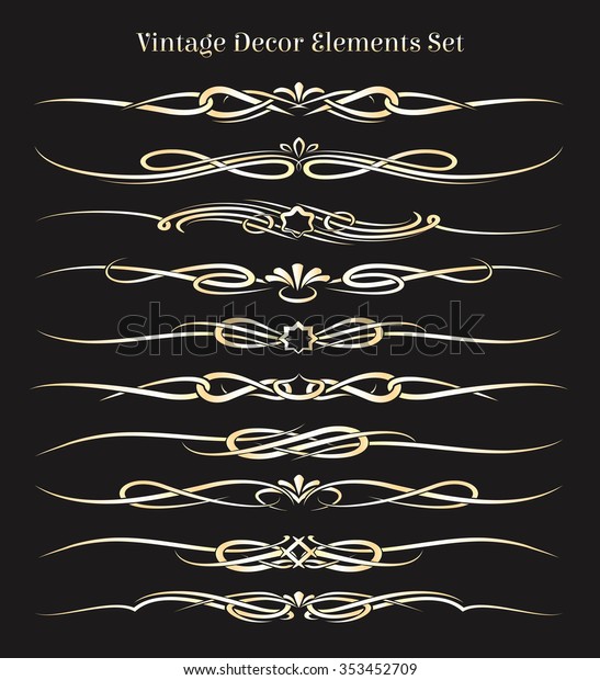 Vintage Decor Elements set. Golden headers and\
dividers isolated on\
black.