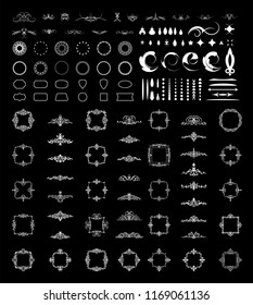 Vintage decor elements and wicker lines on black. Decoration for logos, page, wedding album or restaurant menu in set. Vector calligraphic design elements