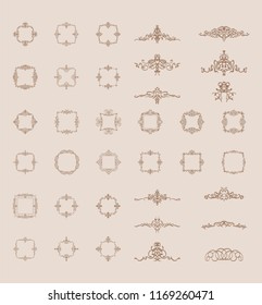 Vintage decor elements and wicker lines in vector. Decoration for logos, page, wedding album or restaurant menu in set. Calligraphic design elements