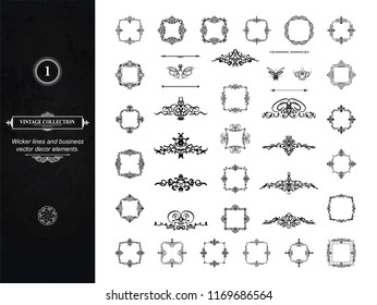 Vintage decor elements and wicker lines in vector. Decoration for logos, page, wedding album or restaurant menu in set. Calligraphic design elements