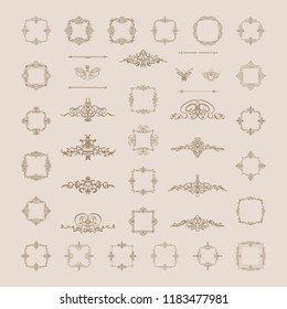 Vintage decor elements and wicker lines in vector. Decoration for logos, page, wedding album or restaurant menu in set. Calligraphic design elements