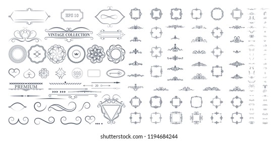 Vintage decor elements and wicker lines in vector. Decoration for logos, page, wedding album or restaurant menu in set. Calligraphic design elements