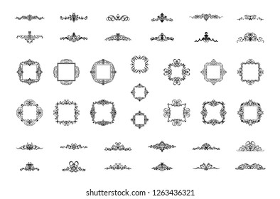 Vintage decor elements and wicker lines in vector. Decoration for logos, page, wedding album or restaurant menu in set. Calligraphic design elements