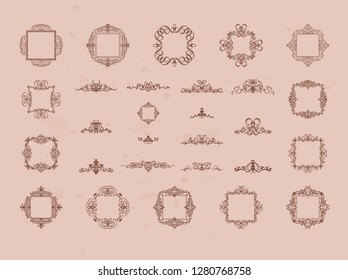 Vintage decor elements and wicker lines in vector. Decoration for logos, page, wedding album or restaurant menu in set. Calligraphic design elements