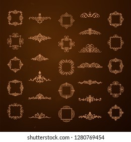 Vintage decor elements and wicker lines in vector. Decoration for logos, page, wedding album or restaurant menu in set. Calligraphic design elements