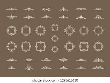 Vintage decor elements and wicker lines in vector. Decoration for logos, page, wedding album or restaurant menu in set. Calligraphic design elements