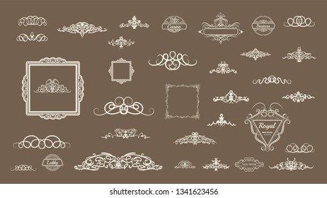 Vintage decor elements and wicker lines in vector. Decoration for logos, page, wedding album or restaurant menu in set. Calligraphic design elements