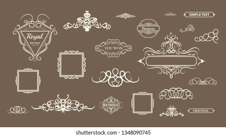 Vintage decor elements and wicker lines in vector. Decoration for logos, page, wedding album or restaurant menu in set. Calligraphic design elements