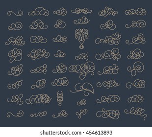 Vintage decor elements and wicker lines in vector. Decoration for logos, page, wedding album or restaurant menu in set. Calligraphic design elements