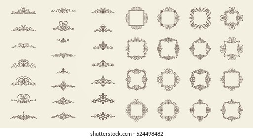 Vintage decor elements and wicker lines in vector. Decoration for logos, page, wedding album or restaurant menu in set. Calligraphic design elements
