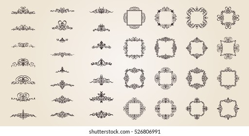 Vintage decor elements and wicker lines in vector. Decoration for logos, page, wedding album or restaurant menu in set. Calligraphic design elements