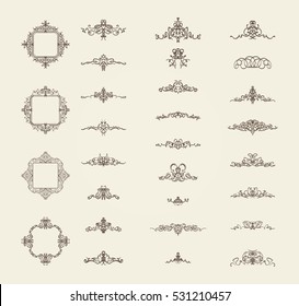 Vintage decor elements and wicker lines in vector. Decoration for logos, page, wedding album or restaurant menu in set. Calligraphic design elements