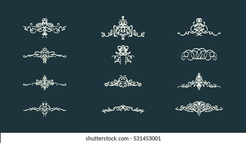 Vintage decor elements and wicker lines in vector. Decoration for logos, page, wedding album or restaurant menu in set. Calligraphic design elements