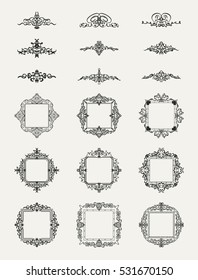 Vintage decor elements and wicker lines in vector. Decoration for logos, page, wedding album or restaurant menu in set. Calligraphic design elements