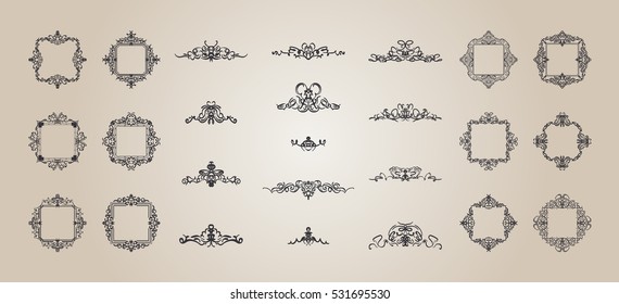 Vintage decor elements and wicker lines in vector. Decoration for logos, page, wedding album or restaurant menu in set. Calligraphic design elements