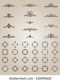 Vintage decor elements and wicker lines in vector. Decoration for logos, page, wedding album or restaurant menu in set. Calligraphic design elements