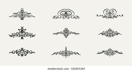 Vintage decor elements and wicker lines in vector. Decoration for logos, page, wedding album or restaurant menu in set. Calligraphic design elements