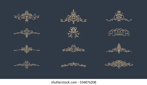 Vintage decor elements and wicker lines in vector. Decoration for logos, page, wedding album or restaurant menu in set. Calligraphic design elements